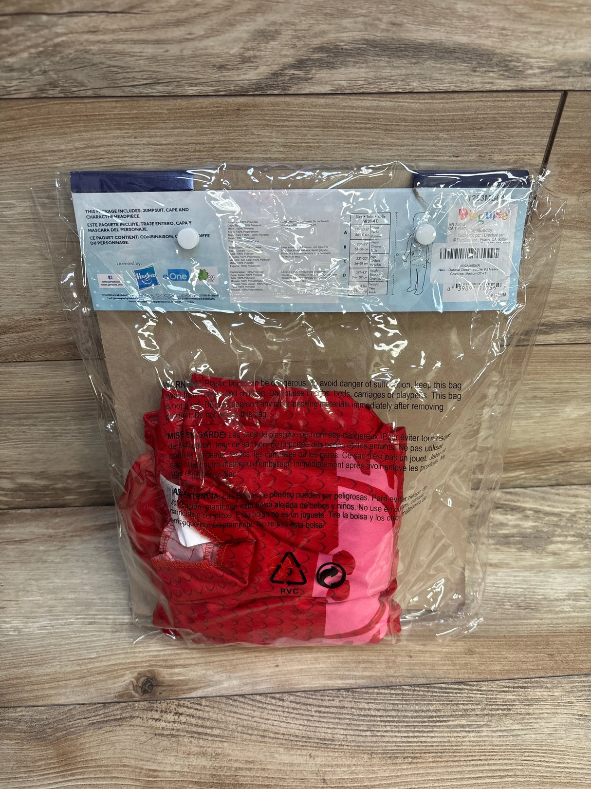 Red and pink toddler PJ Masks costume with cape and mask, size 3T-4T, in original packaging