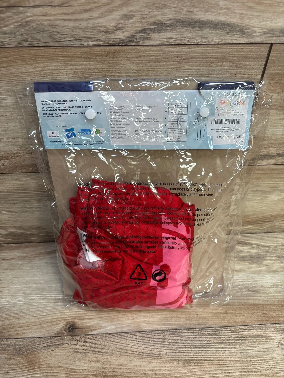 Red and pink toddler PJ Masks costume with cape and mask, size 3T-4T, in original packaging
