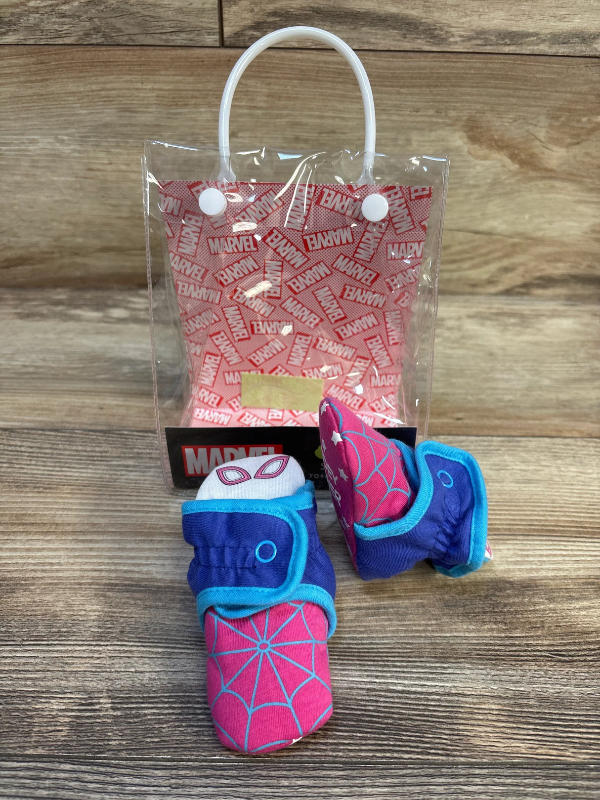 Pink and blue Spider-Girl baby booties with Marvel tote bag, kids' superhero footwear