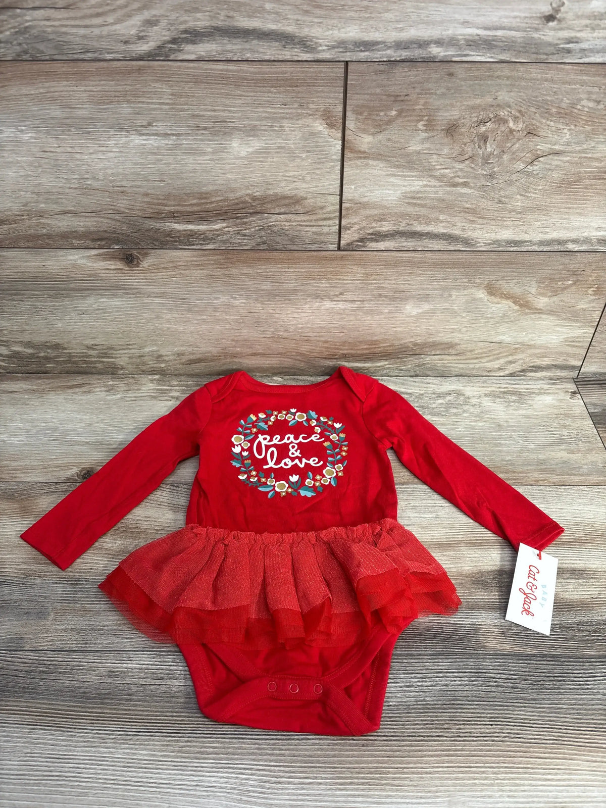 Red baby girl long sleeve tutu bodysuit with peace and love floral design, Cat & Jack tag