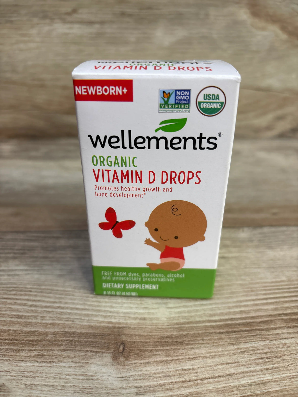Wellements Organic Vitamin D Drops for newborns with Non-GMO and USDA Organic labels