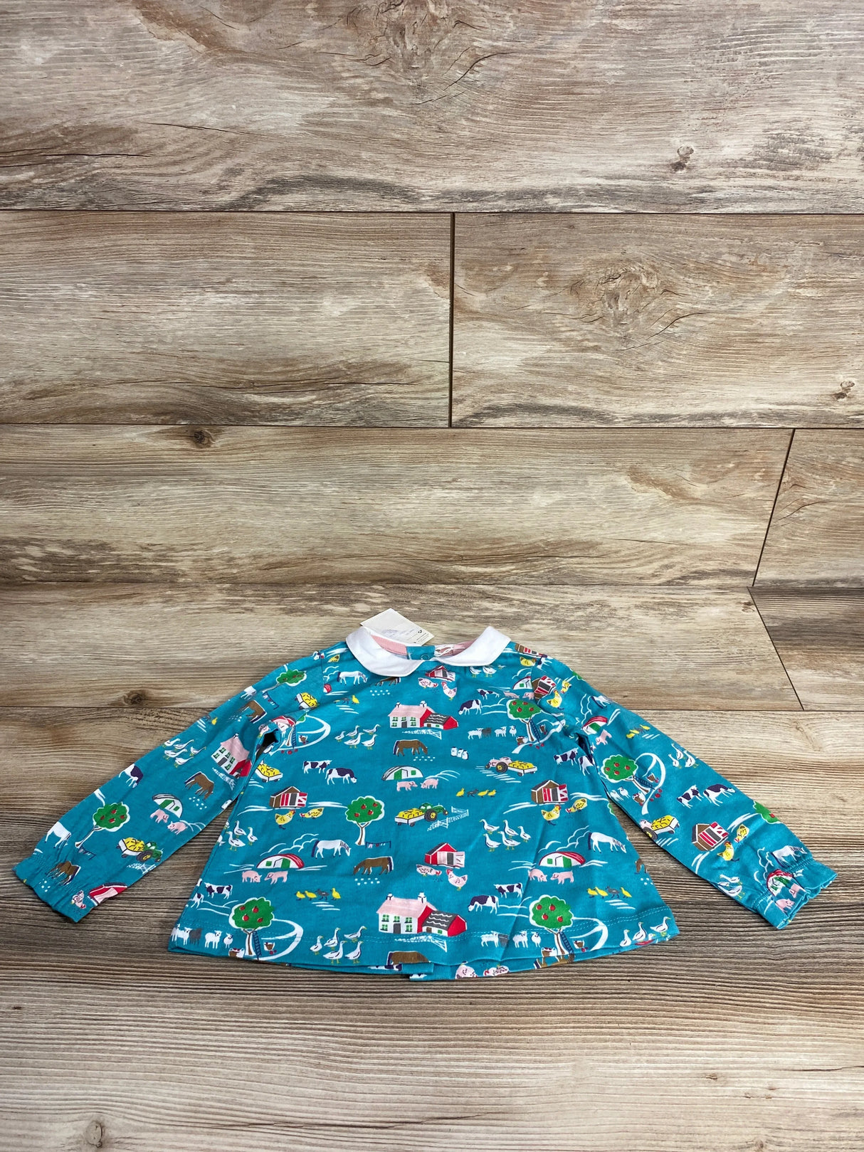 NEW Baby Boden Long Sleeve Collared Farm Shirt Blue sz 12-18m