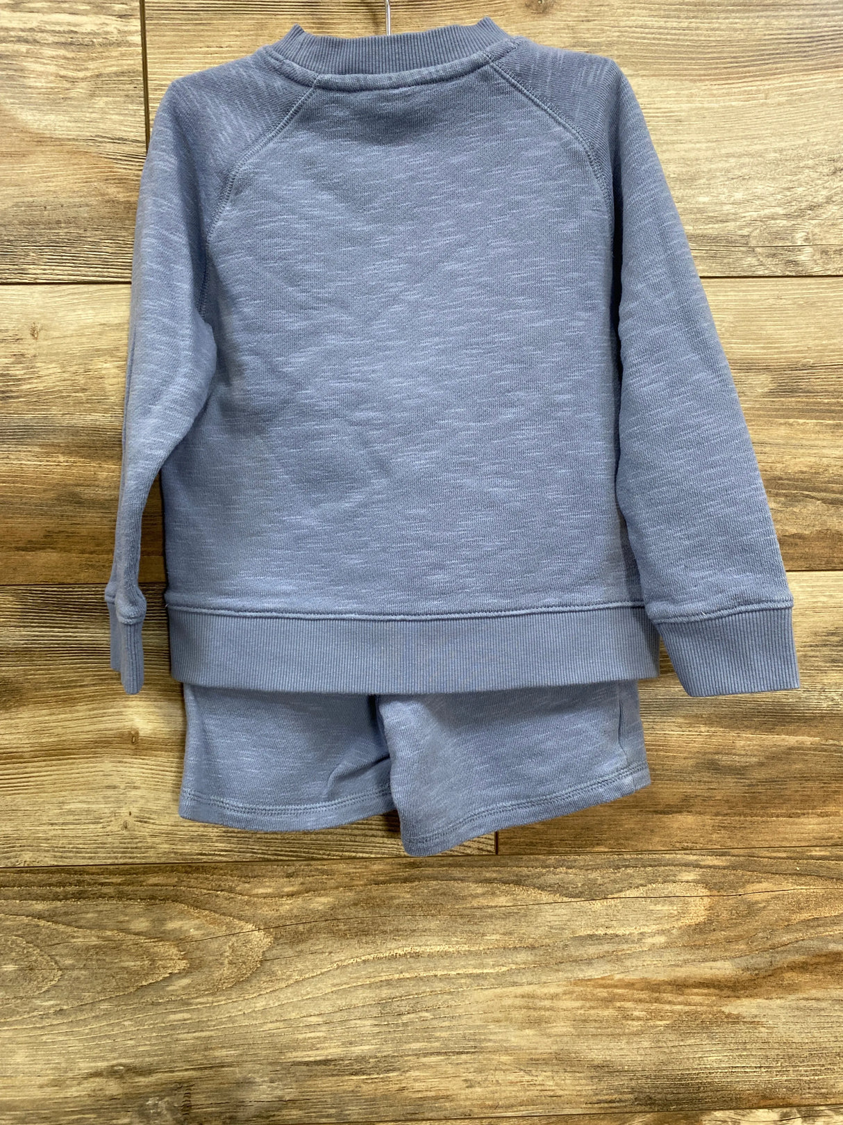 Back view of a blue toddler sweatshirt and shorts set hanging on wooden wall