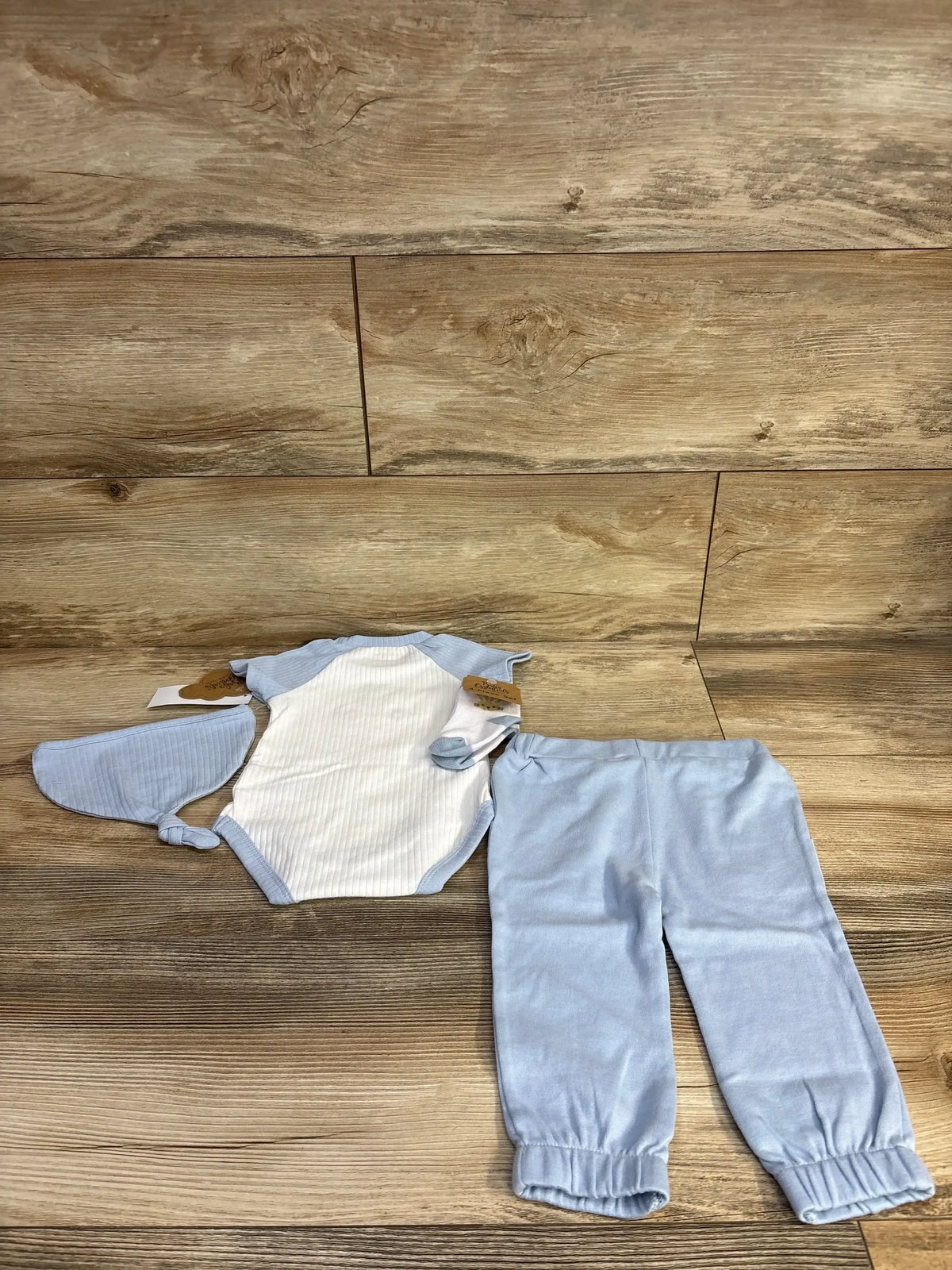Flat lay of Baby Essentials bodysuit with bunny truck print and matching light-blue pull-on pants on wood background