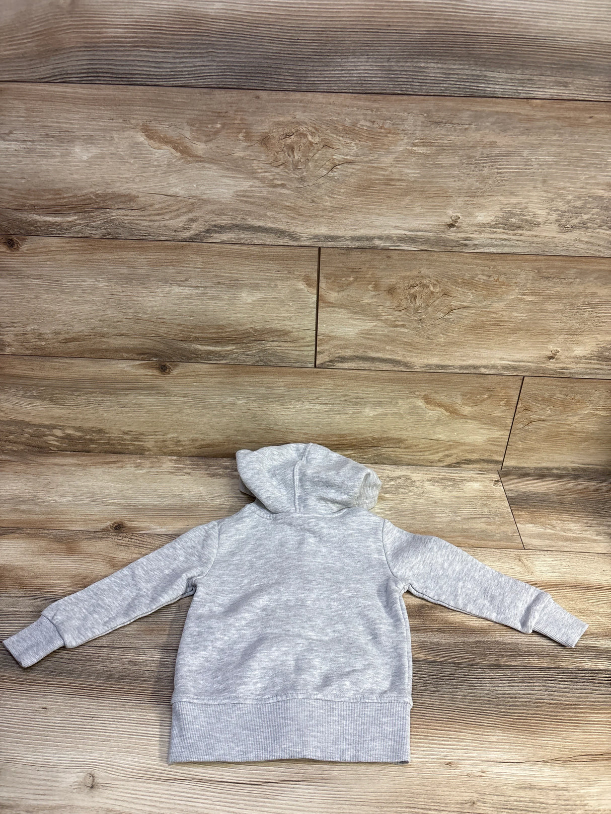 Back view of toddler Champion grey full-zip jacket showing hood, long sleeves and ribbed cuffs and hem on wood plank background