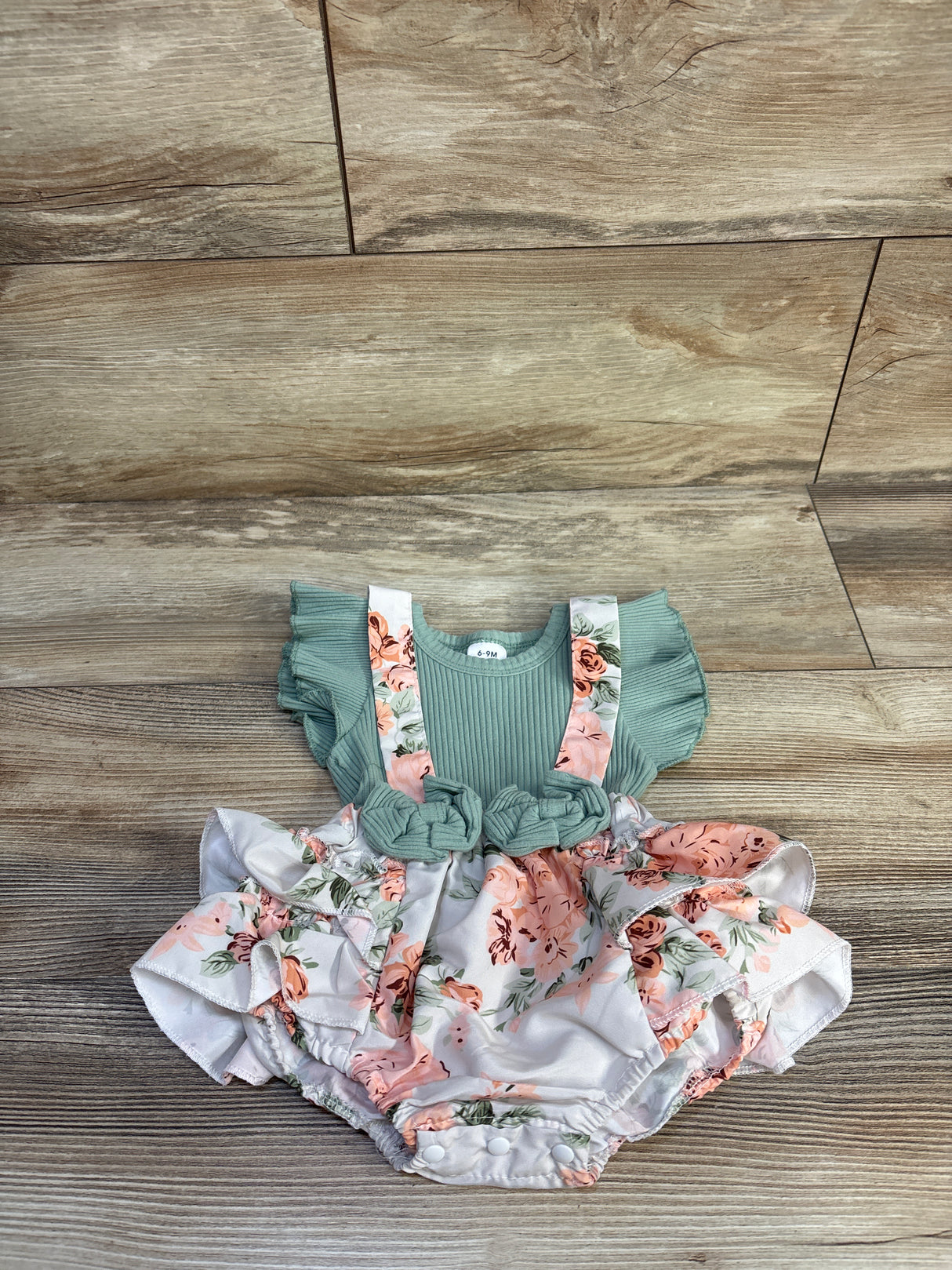 Yccutest Ribbed Floral Faux Suspender Skirted Romper Green sz 6-9m