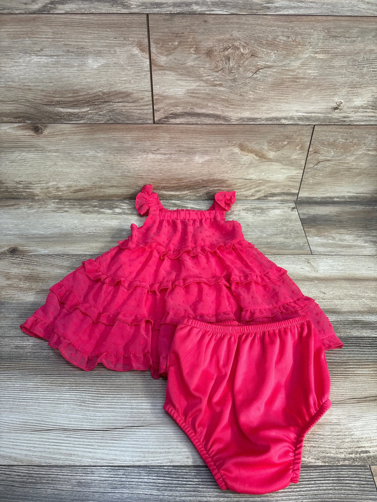 Rare Editions 2pc hot pink Swiss dot chiffon dress and bloomers set for baby size 18m