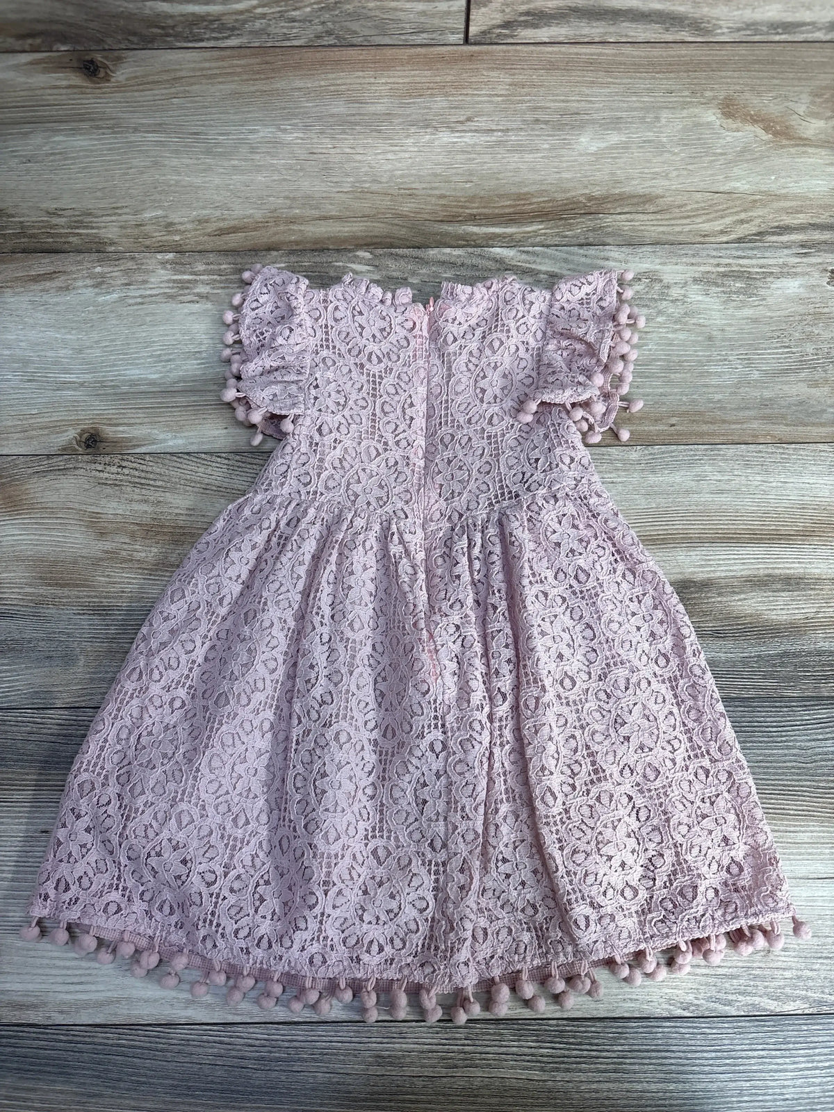 Light pink lace baby dress with pom-pom trim on wooden floor background