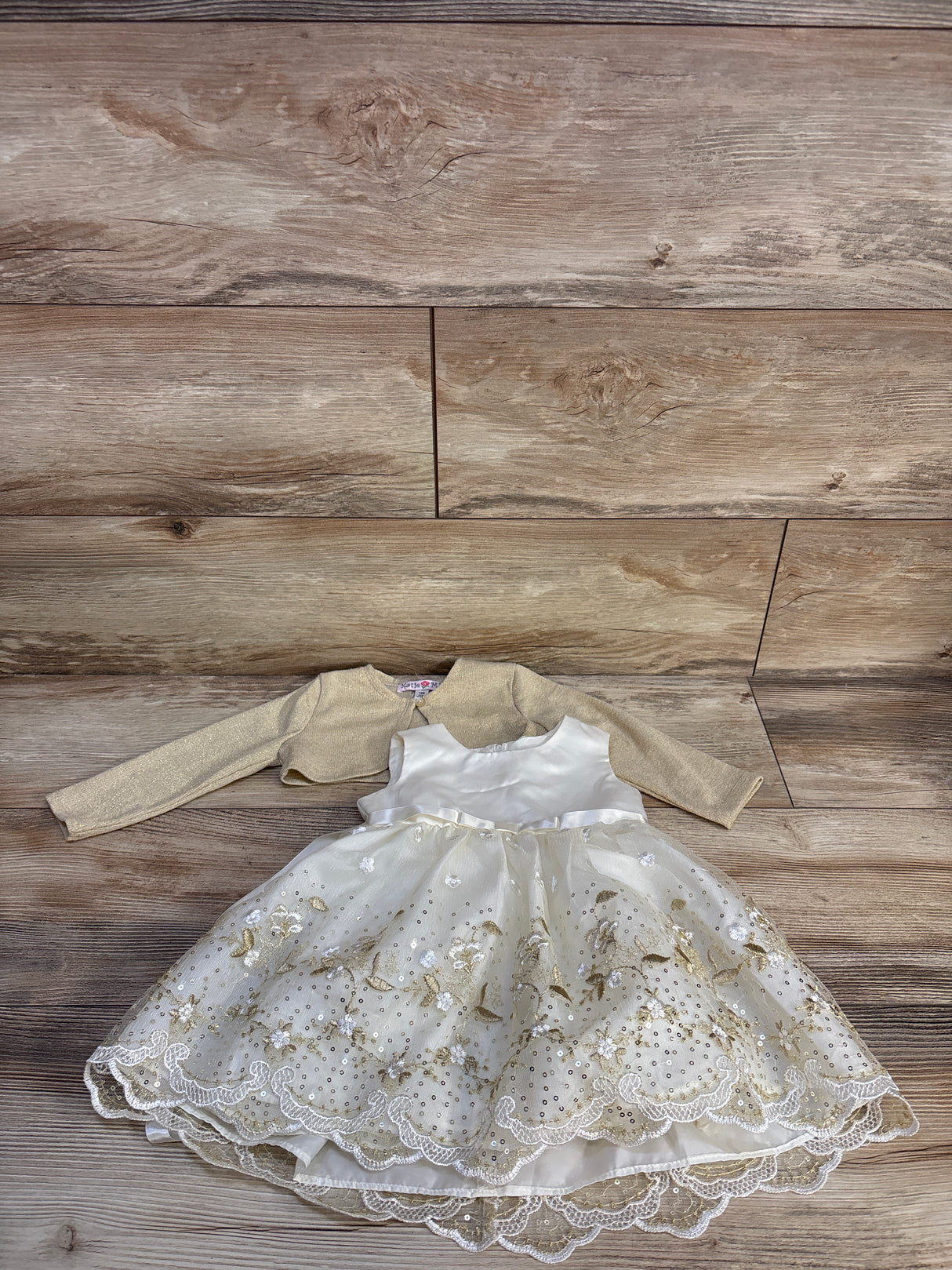 Katie M 2pc Sleeveless Embroidered Floral Dress & Gold Cardigan sz 12m