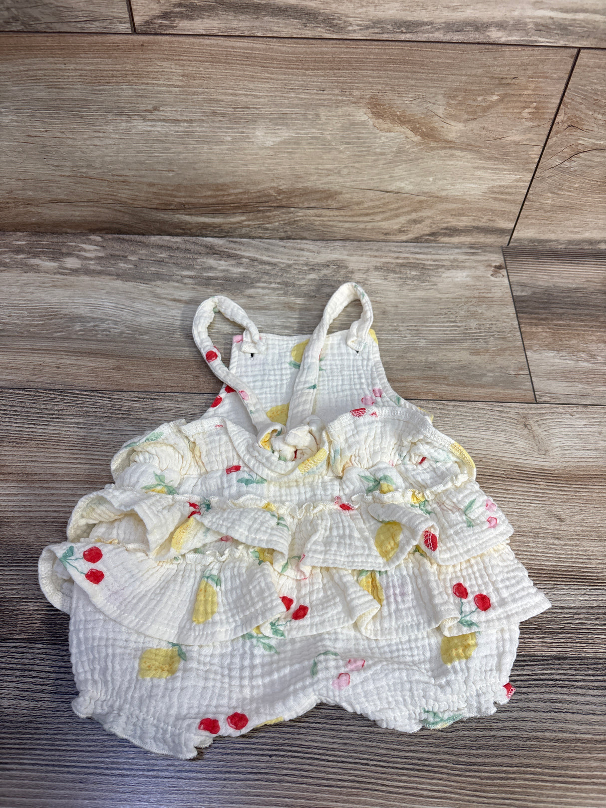 Emily & Oliver Fruit Gauze Ruffle Romper Cream sz 6-9m
