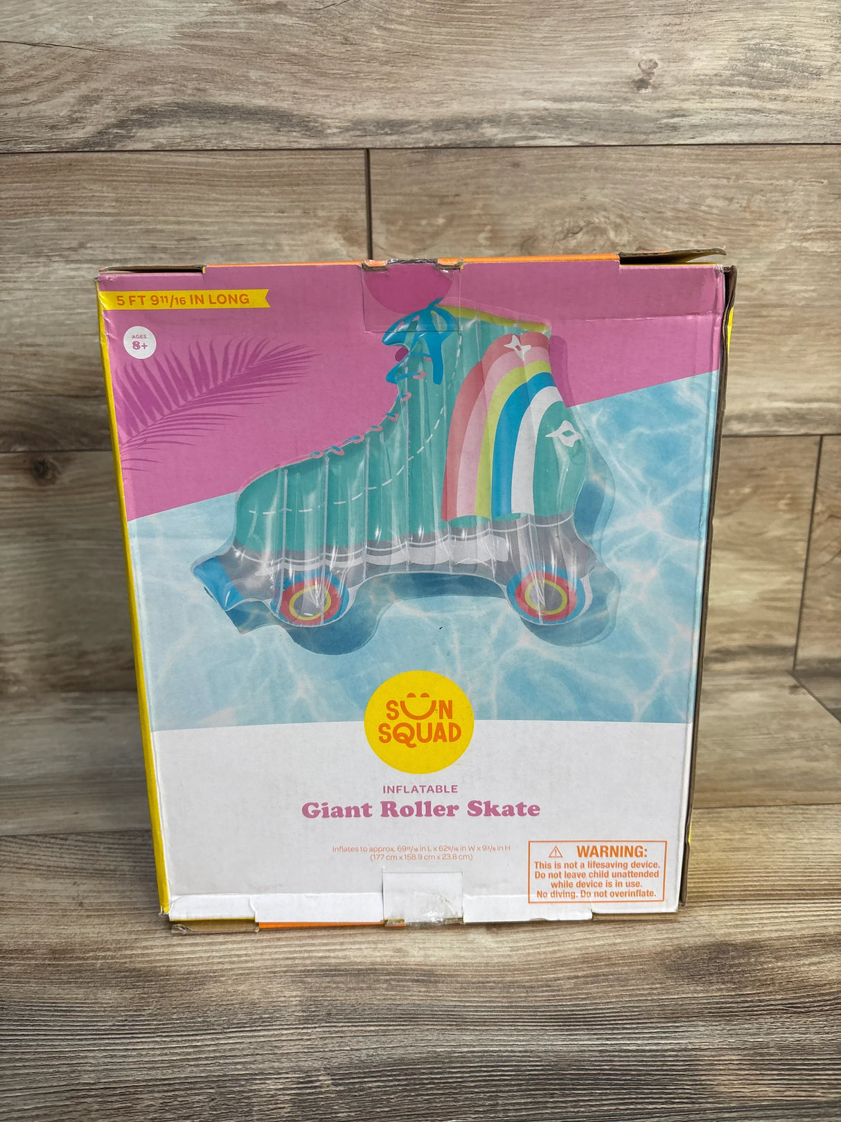 Sun Squad inflatable giant roller skate pool float in packaging, for kids ages 8 and up