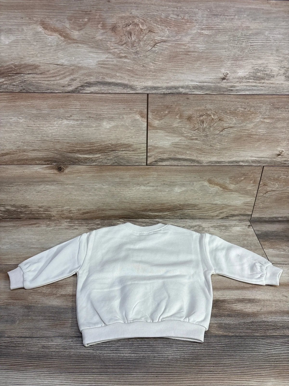 Back view of Orchestra ivory long-sleeve pullover sweatshirt size 12M showing ribbed hem and crew neckline on wood floor