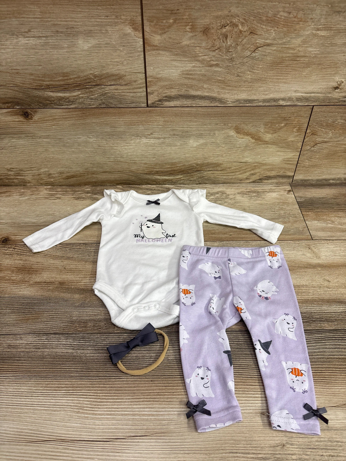 Lila & Jack baby 3pc My First Halloween set with white bodysuit, purple ghost pants, and bow.