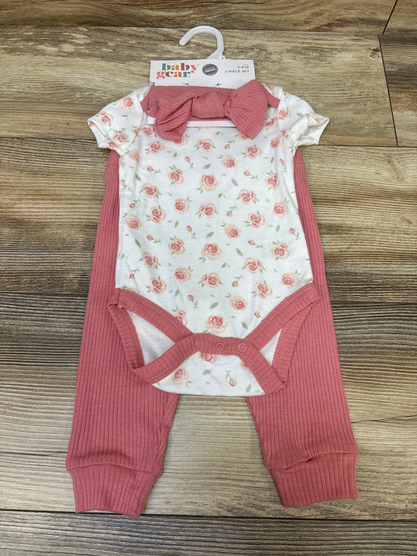 NEW Baby Gear 3pc Floral Bodysuit, Ribbed Pants, & Headband Set White sz 3-6m