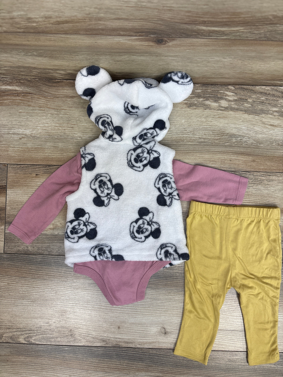 Disney Baby 3pc Minnie Mouse Fur Vest, Bodysuit, & Pants Set White sz 6/9m
