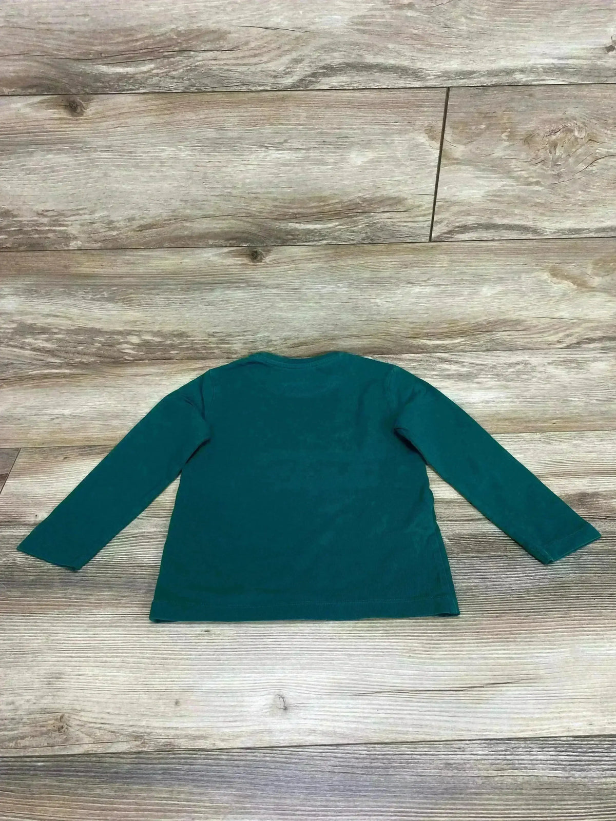 Back flat lay of Mayoral toddler long-sleeve green shirt showcasing crew neck and long sleeves on light wood floor