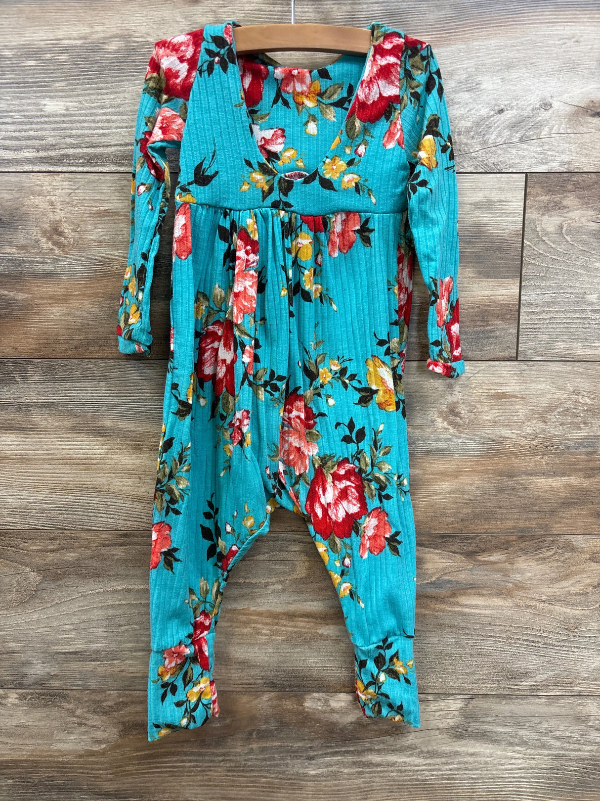 Ribbed Floral Open Back Jumpsuit Turquoise sz 2T