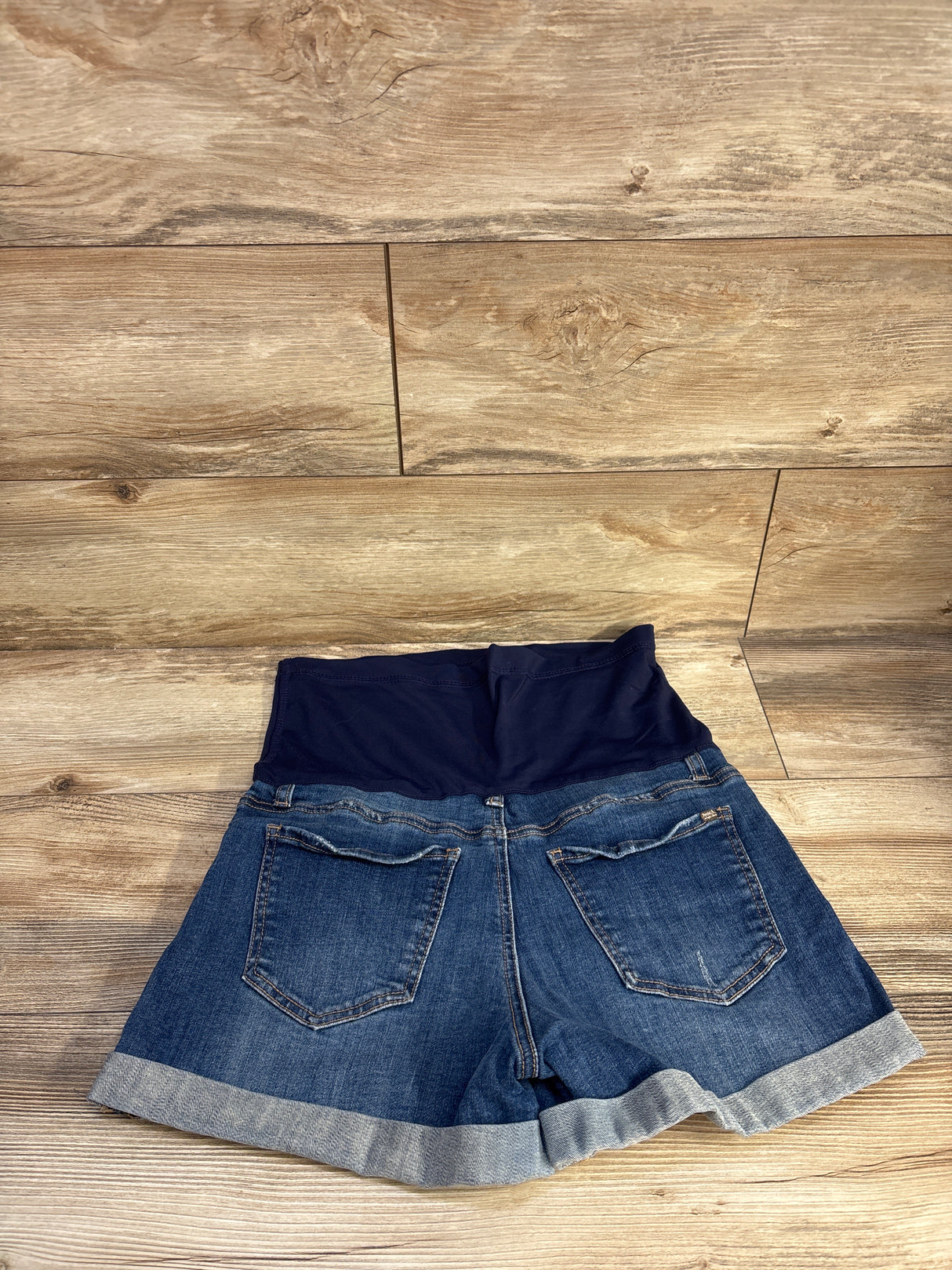 Pinkblush Maternity Full Panel Hem Cuffed Distressed Denim Shorts Blue sz Large