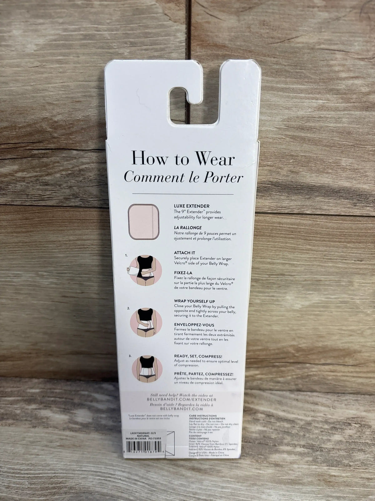 How to wear instructions for belly wrap extender, package on wood background, maternity accessory