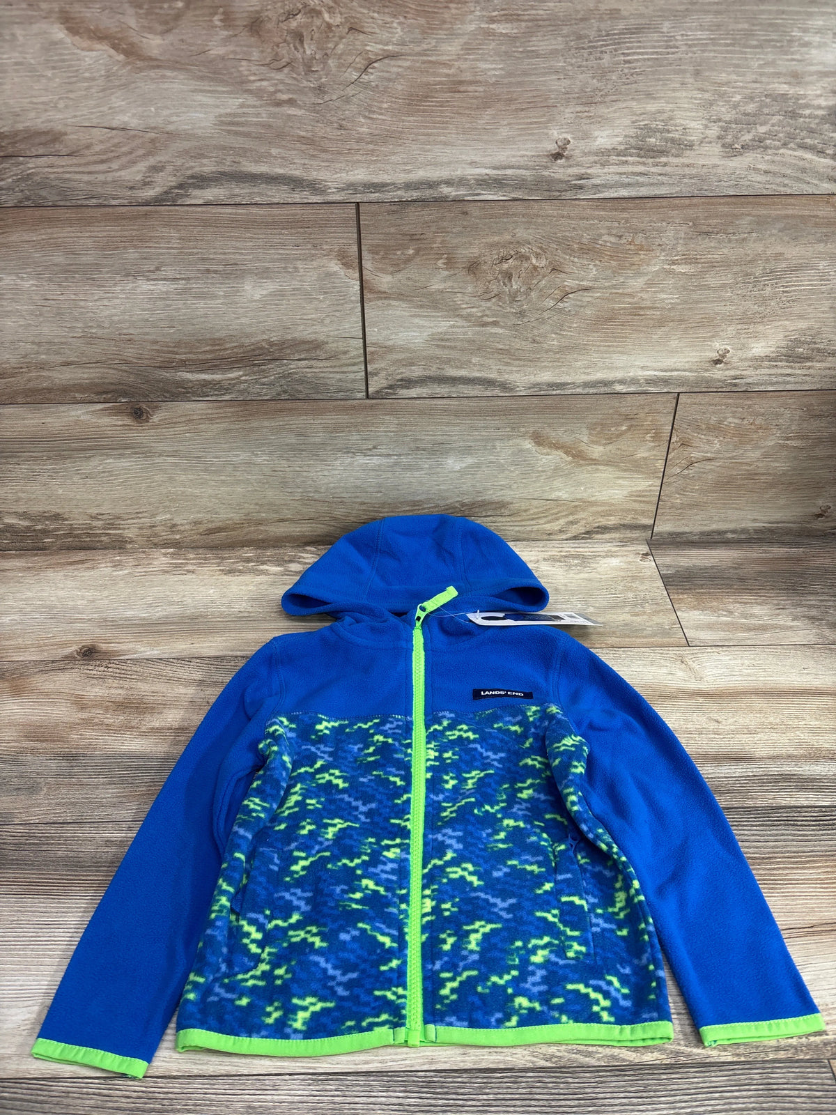 New Me n Mommy To Be blue full-zip fleece jacket with neon green trim and camo pattern