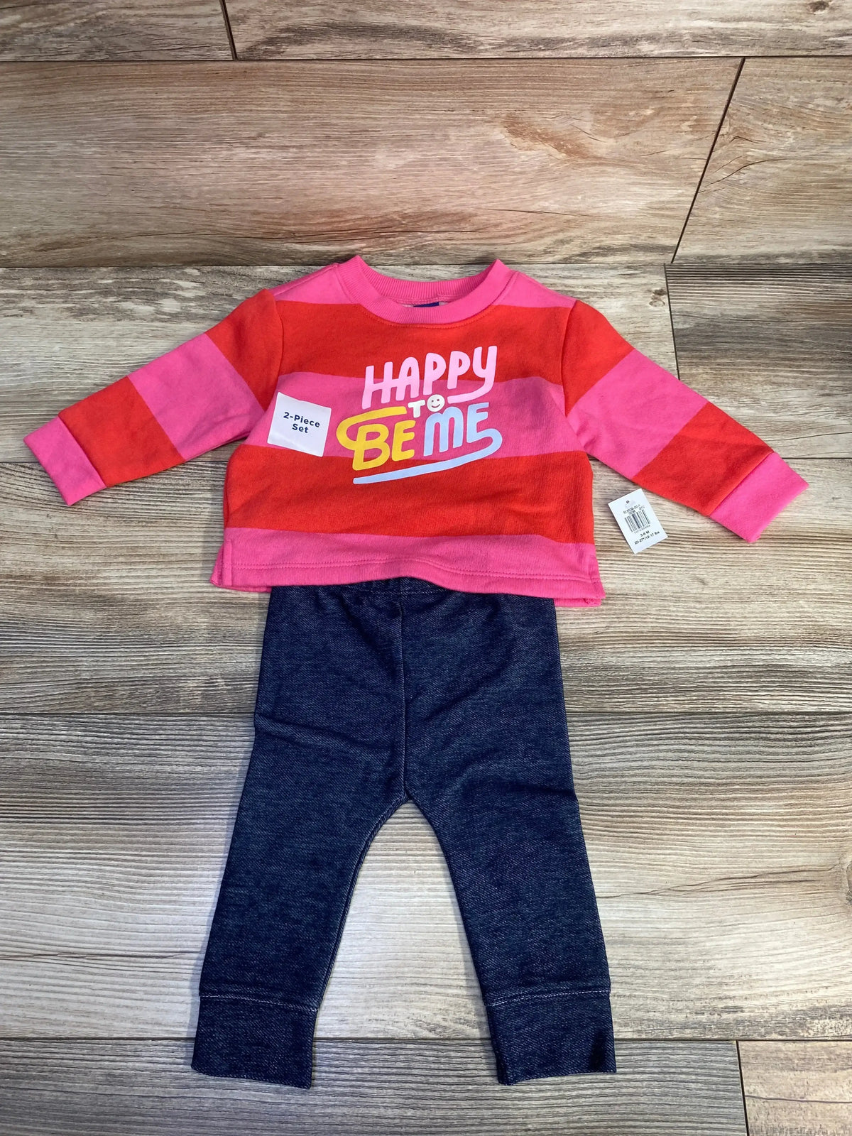 2-piece toddler outfit with striped pink and red 'Happy to Be Me' sweatshirt and navy pants