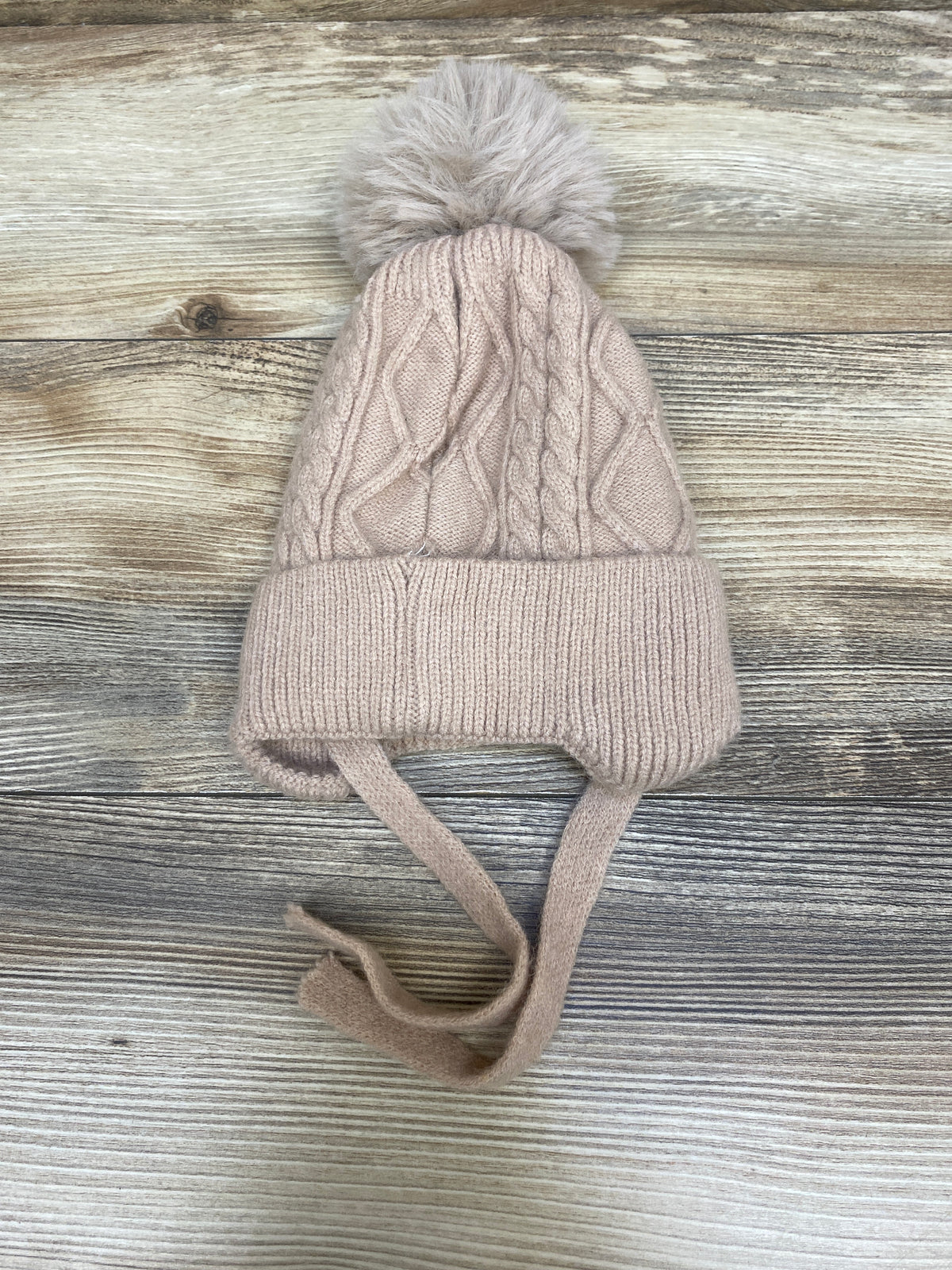NEW Cable Knit Pom-Pom Fur Lined Winter Beanie Beige