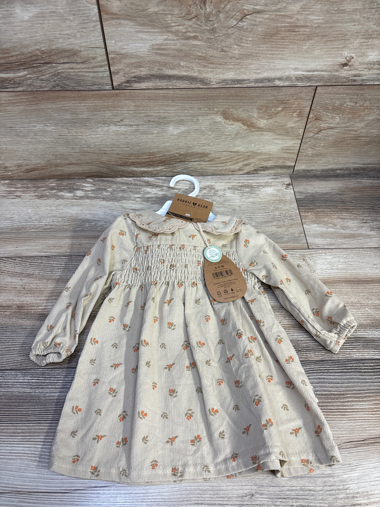 NEW Rabbit + Bear Organic 2pc Smocked Dress & Footed Tights Beige sz 6-9m