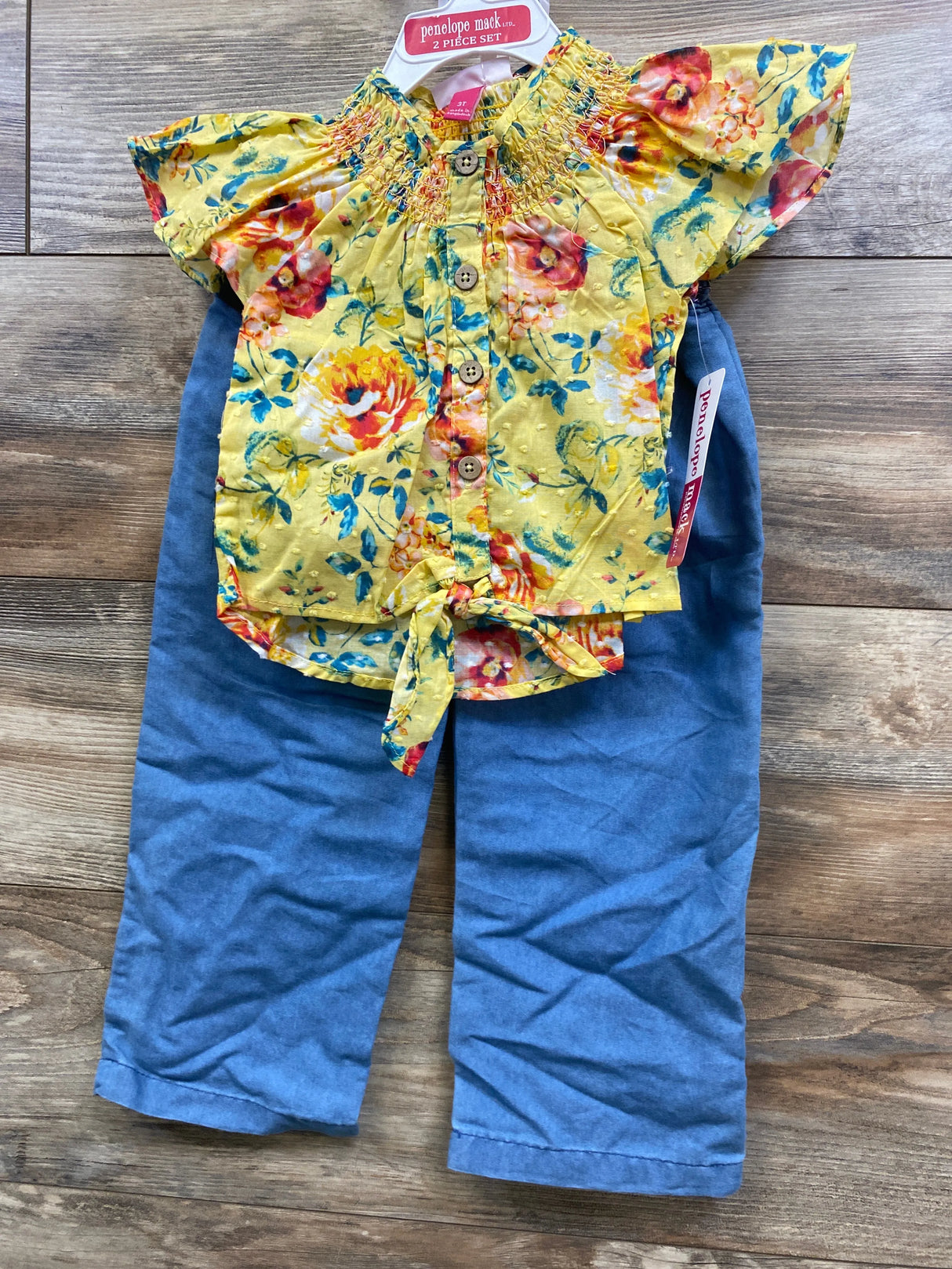 NEW Penelope Mack 2pc Floral Top & Chambray Pants Yellow sz 3T - Me n Mommy To Be
