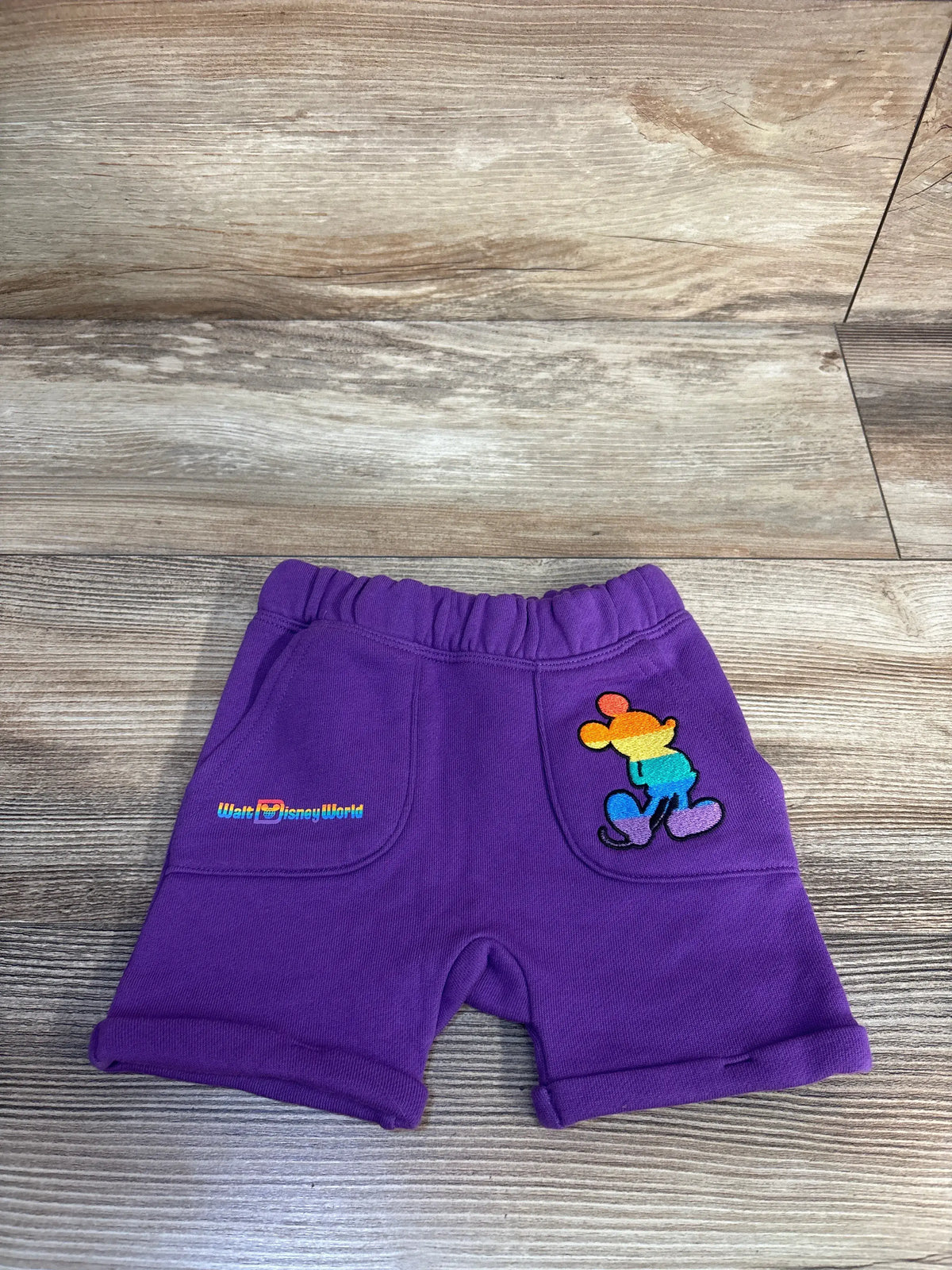 Front of purple Disney pull on baby shorts with rainbow Mickey embroidery on pocket and Disney World text on wood backdrop
