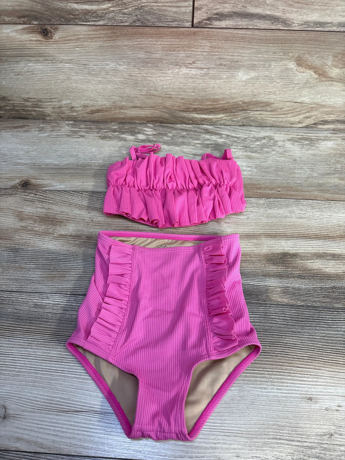 Front view of Kortni Jeane 2pc Ribbed Ruffle Bikini Set in pink showcasing ruffled top and high-waisted bottoms