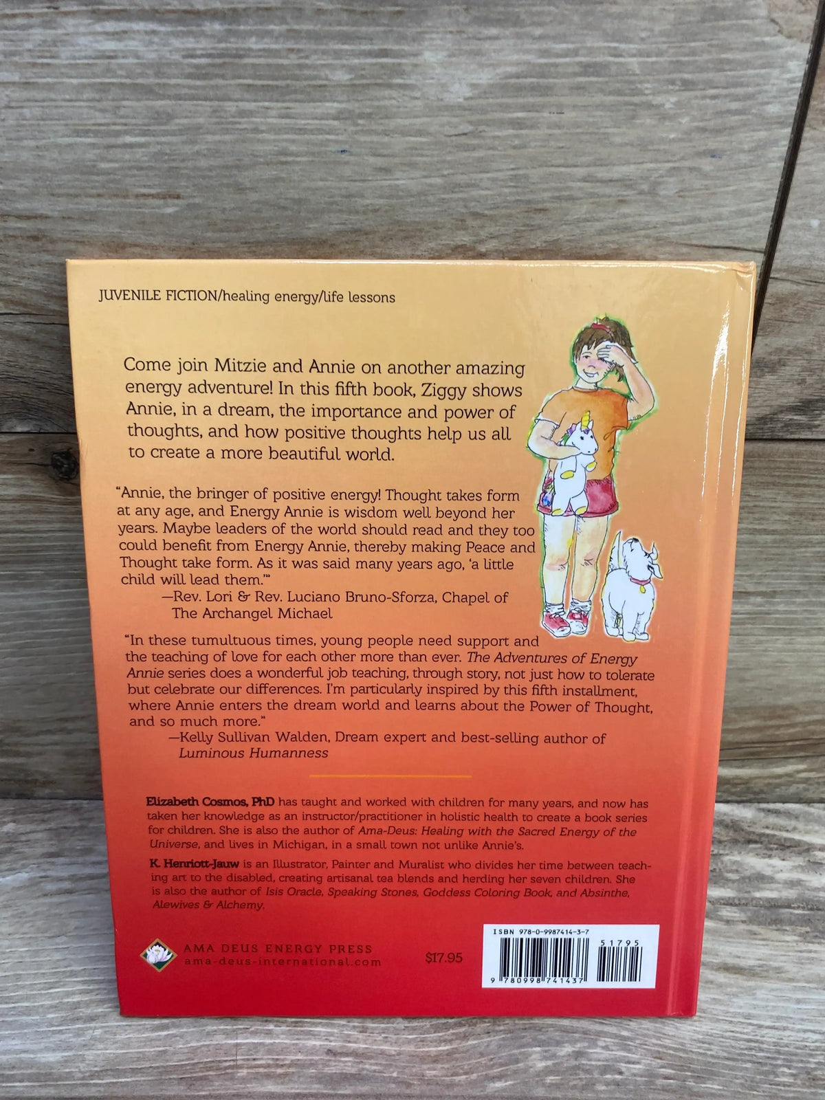 Back cover of The Adventures of Energy Annie hardcover showing synopsis text, girl-and-dog illustration, and barcode on wood background
