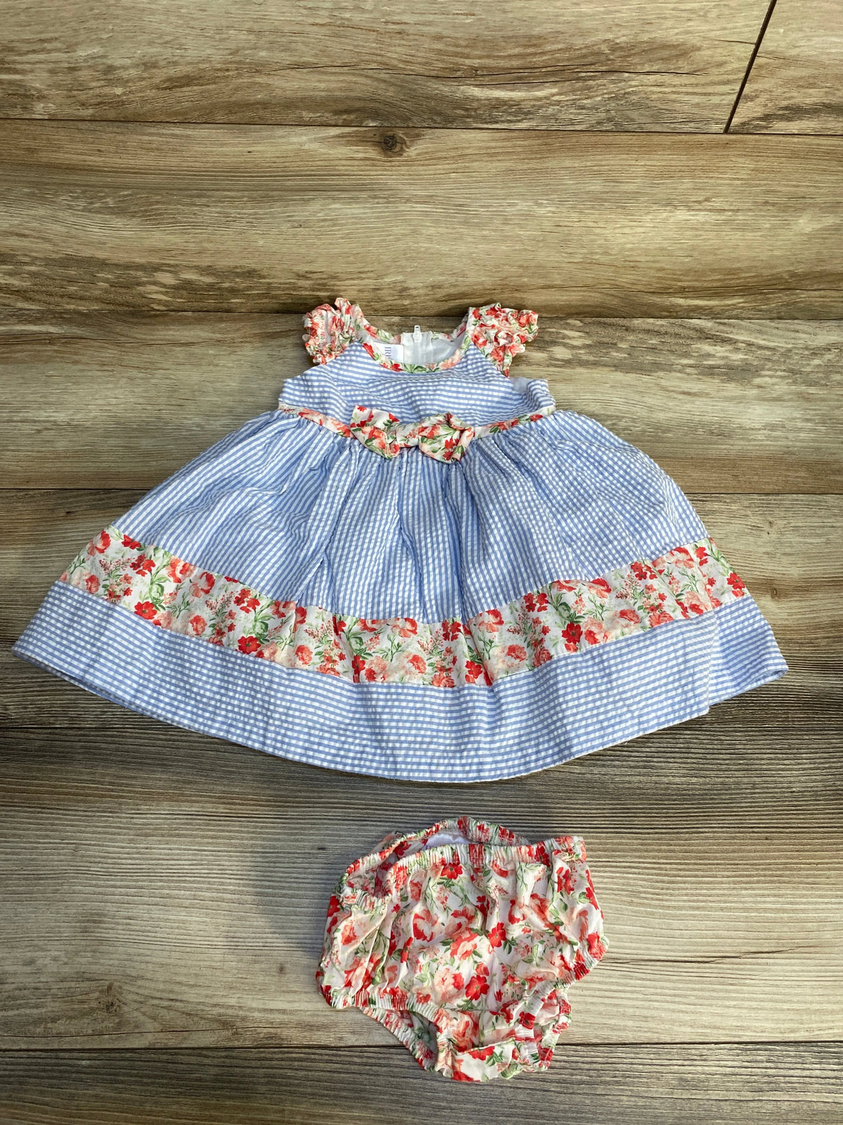 Iris & Ivy Floral Seersucker Dress & Bloomers 2pc Set Blue sz 6/9m