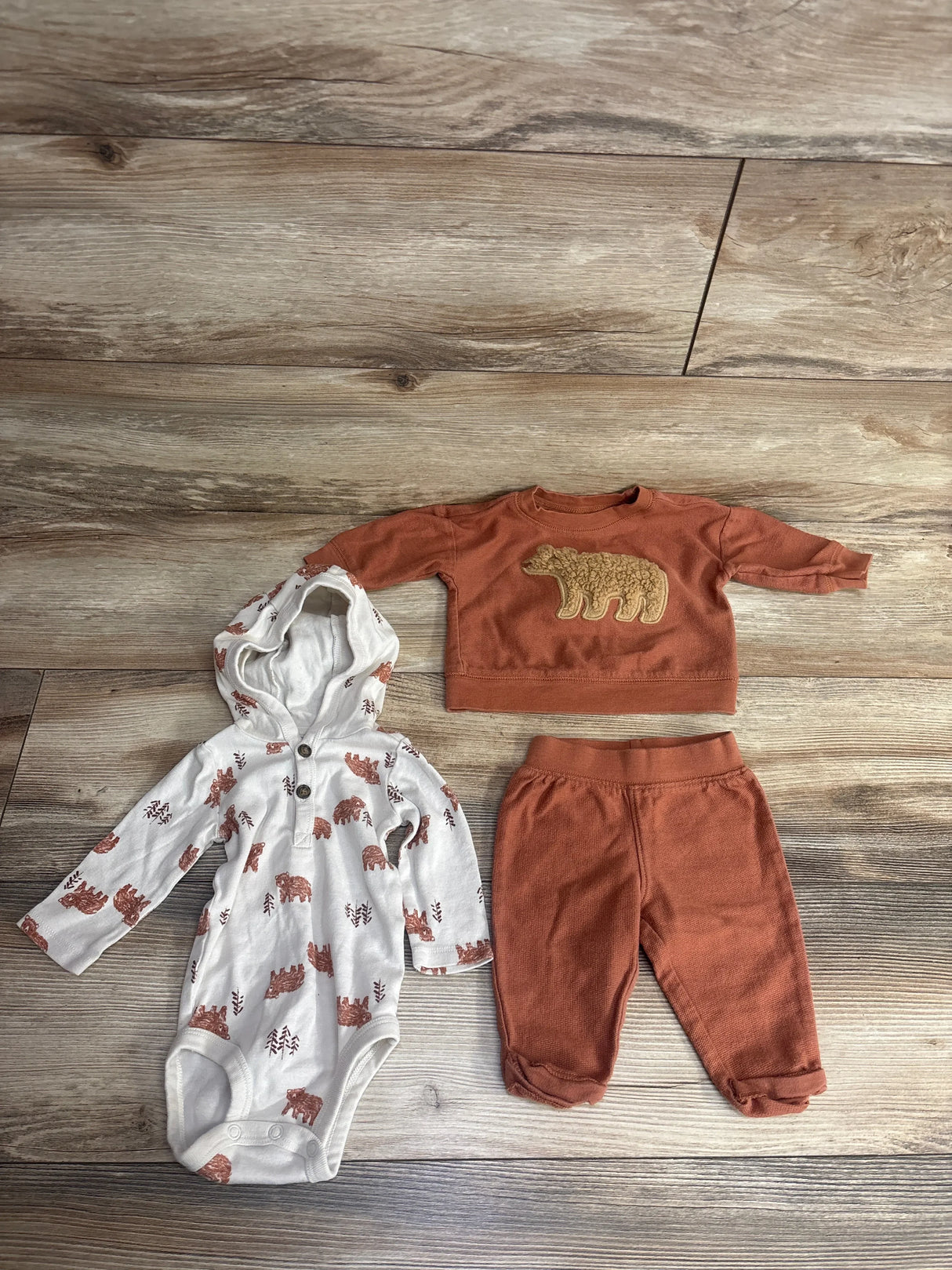 Baby bear print hooded onesie, matching rust pants and sweatshirt set on wooden floor