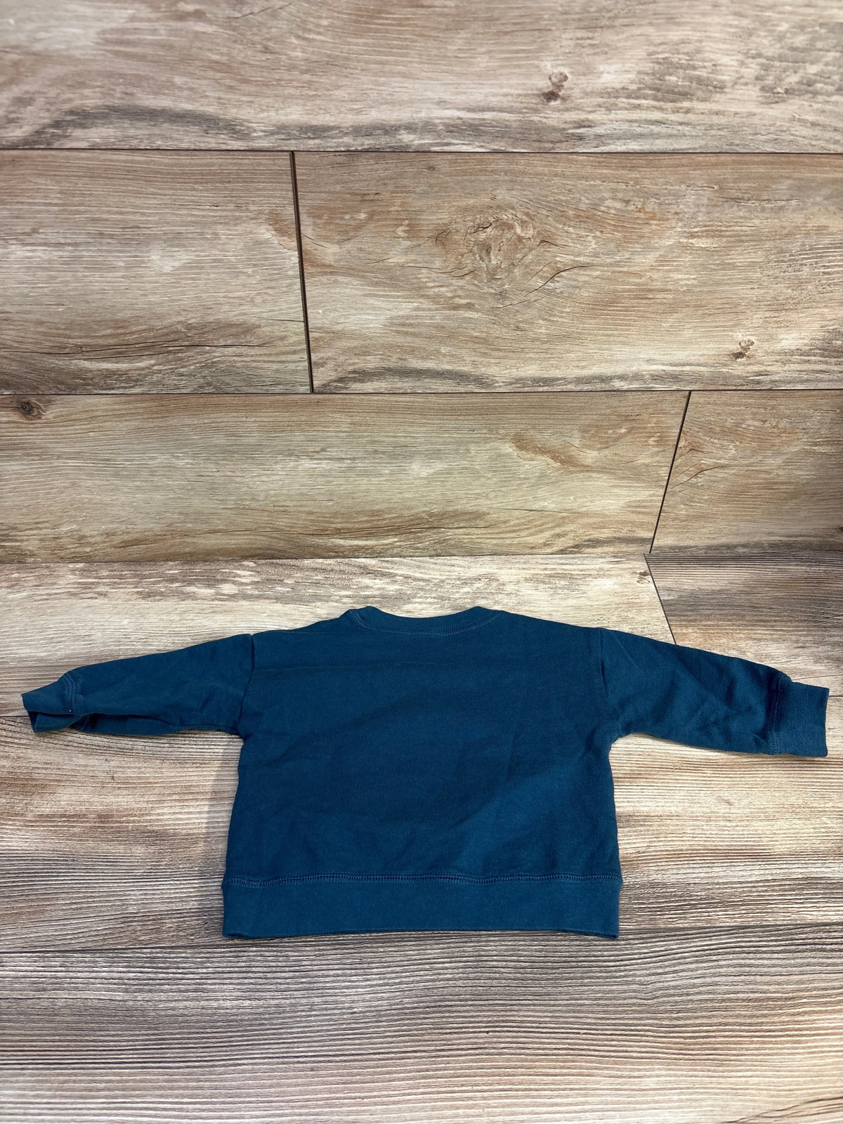 Back view of the Just One You dog sweatshirt in blue, size 9 months, showcasing long sleeves on a wood-look floor