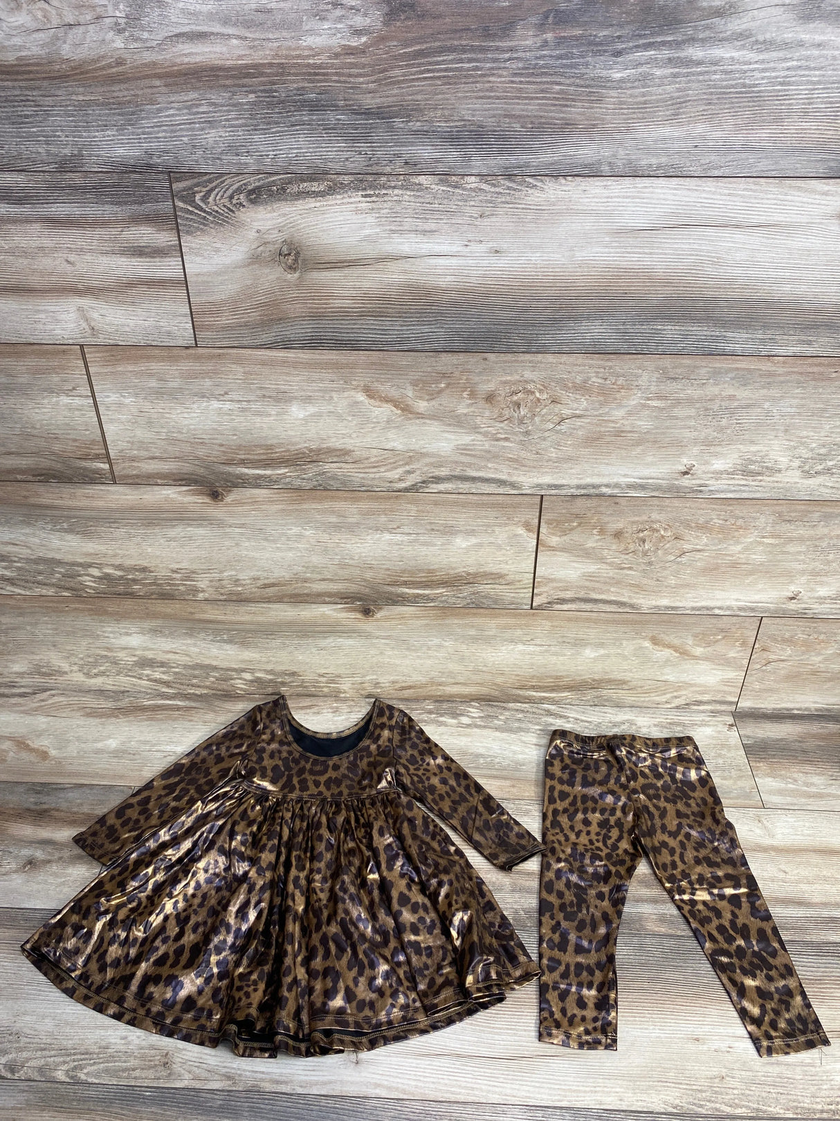 Pink Chicken Liza Leopard Lame Dress & Legging Set Brown sz 2T
