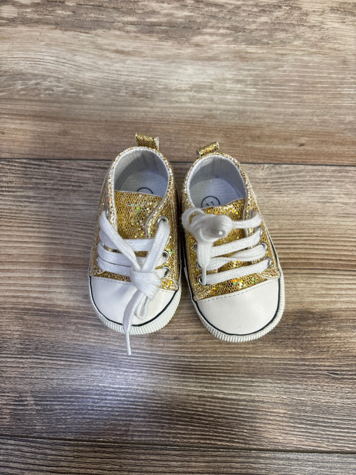 Me n Mommy To Be gold glittery slip-on crib shoes with white laces and soles
