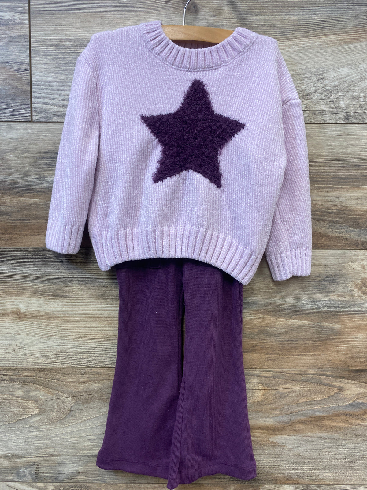 DKNY 2pc Knit Velour Star Sweater & Flare Pants Purple sz 2T