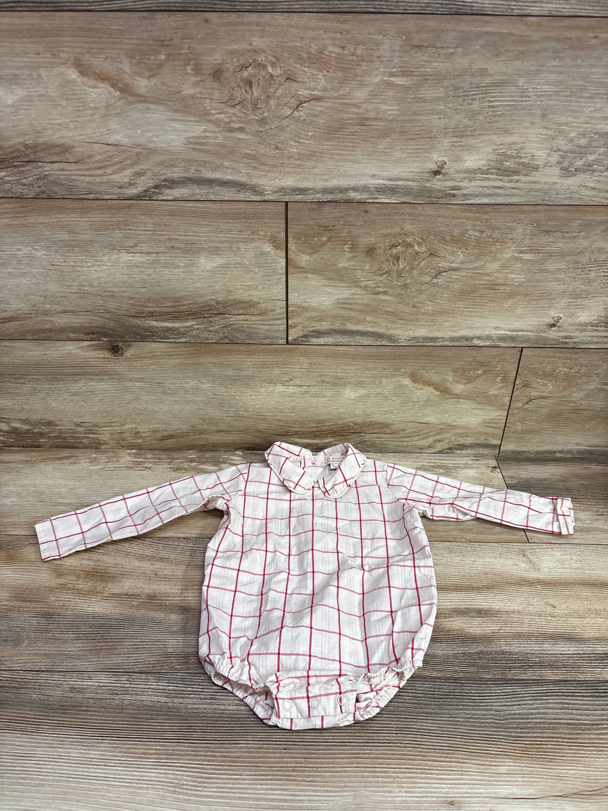 The Beaufort Bonnet Company beige long sleeve collared bubble romper with red windowpane plaid