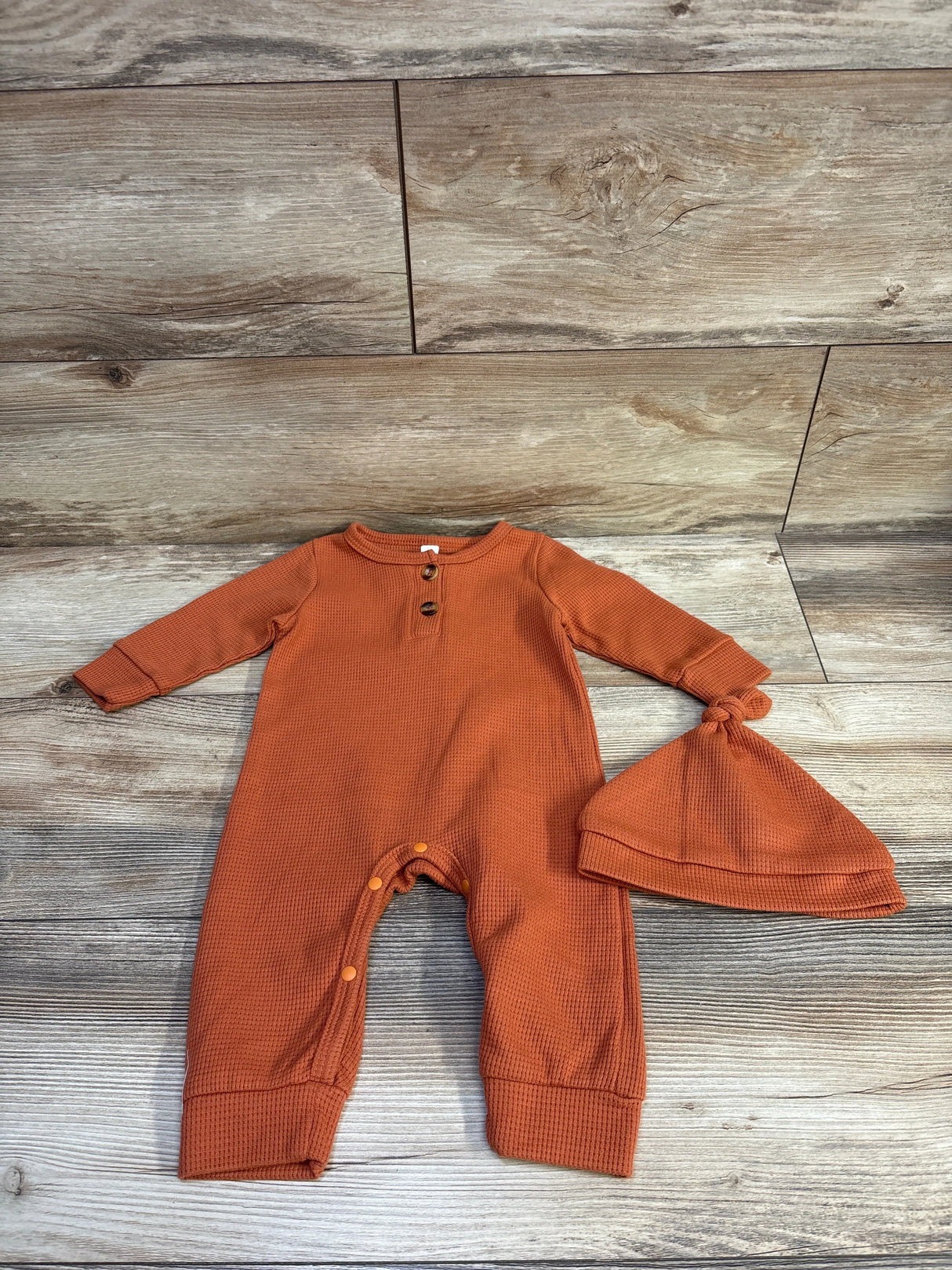 2pc Waffle Knit Henley Coverall & hat Set Orange sz 6-12m