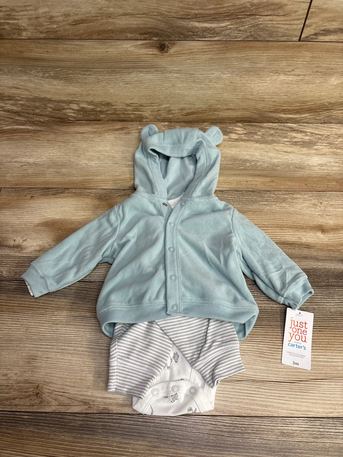 Baby blue hoodie with bear ears and striped bodysuit for infants, size 3 months