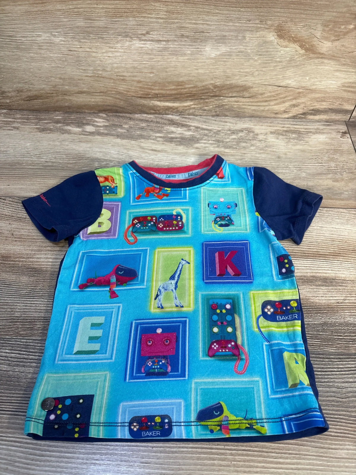 Colorful kids short sleeve shirt with animal, robot, letters, and game controller print
