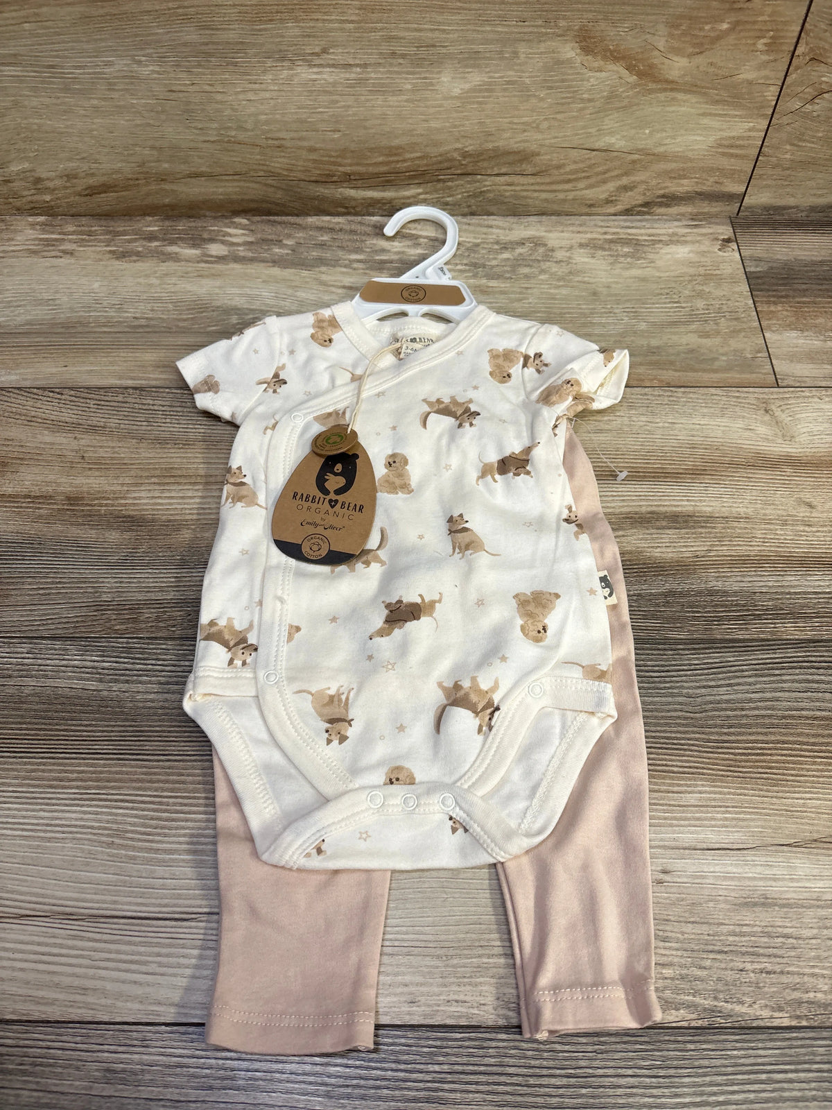 NEW Rabbit + Bear Organic 2pc Dog Print Kimono Bodysuit Set Ivory sz 3-6m