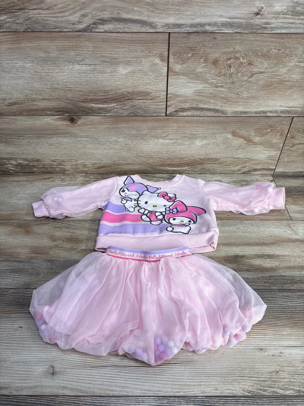Pink Hello Kitty and Friends toddler outfit with long sleeve top and tulle skirt on wooden floor