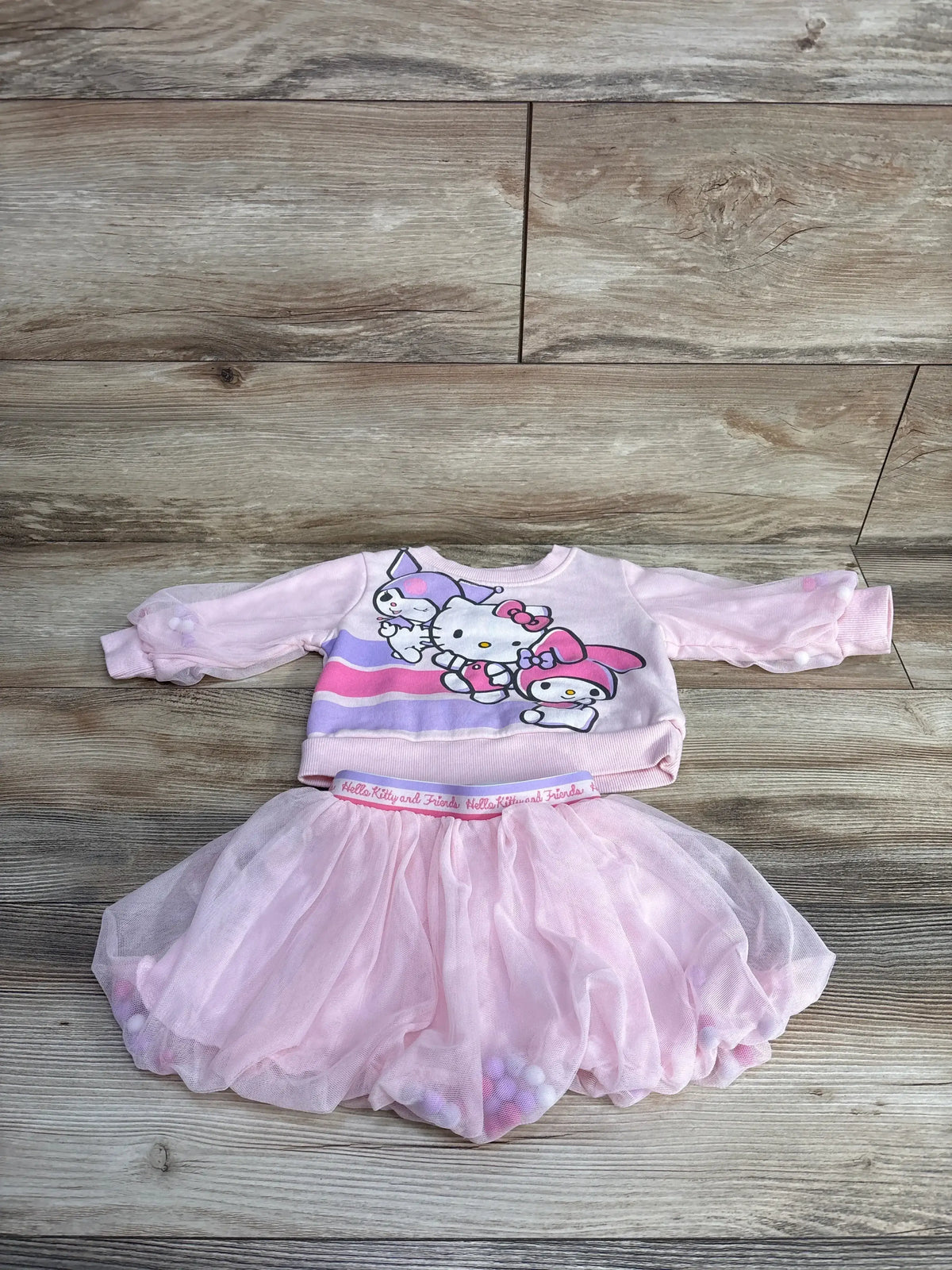Pink Hello Kitty and Friends toddler outfit with long sleeve top and tulle skirt on wooden floor