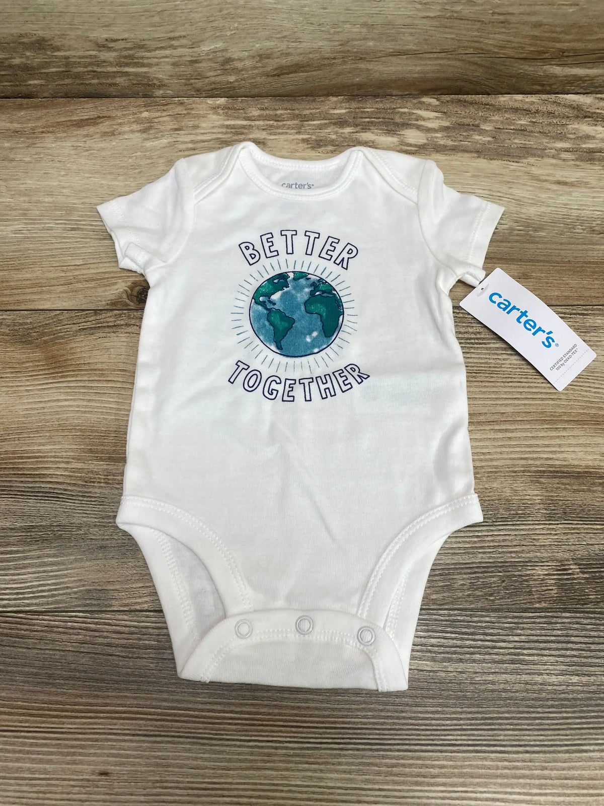 Front view of Carter’s Better Together white baby bodysuit size 3 months showcasing short sleeves and three-snap crotch on plain background
