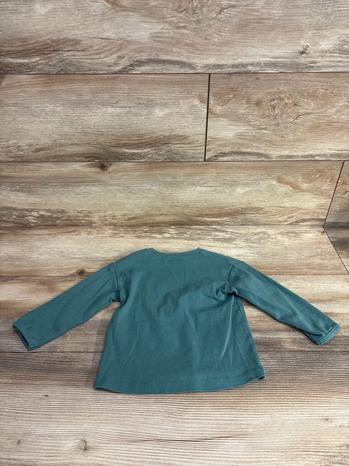 Back view of Zara Happy Day Happy You toddler sweatshirt size 12-18 months showcasing long sleeves and plain teal back on wood plank floor
