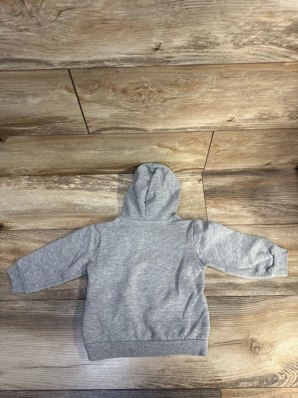 Back view of gray toddler hoodie size 2T, Black History Month ‘I Am The Future’, showing hood and sleeves on wood floor