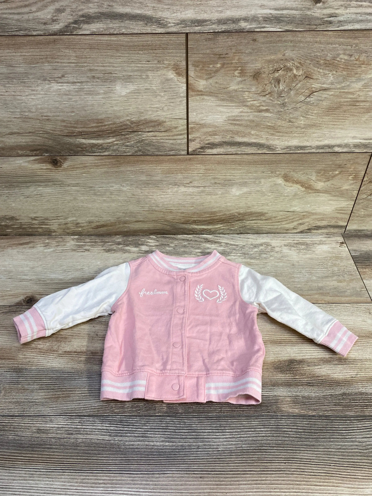Carter's pink and white baby varsity jacket with heart detail, size 6m