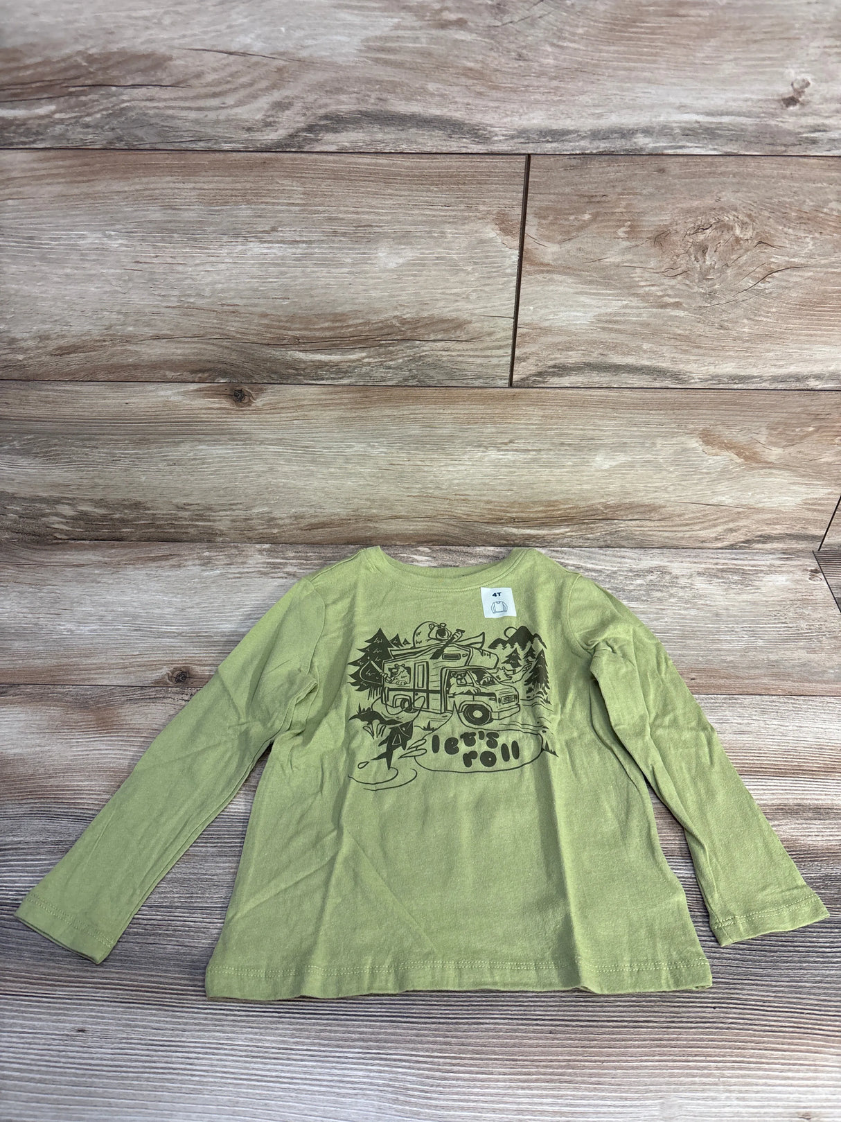 Green kids long sleeve shirt with camper and forest print, 'let's roll' text, size 4T