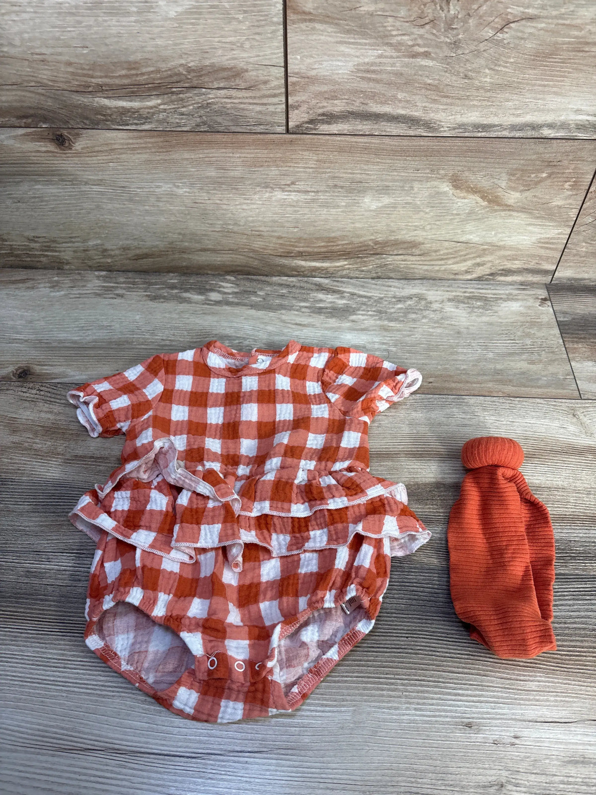 RZ by Rachel Zoe orange and white gingham gauze skirted bubble romper and matching headband set